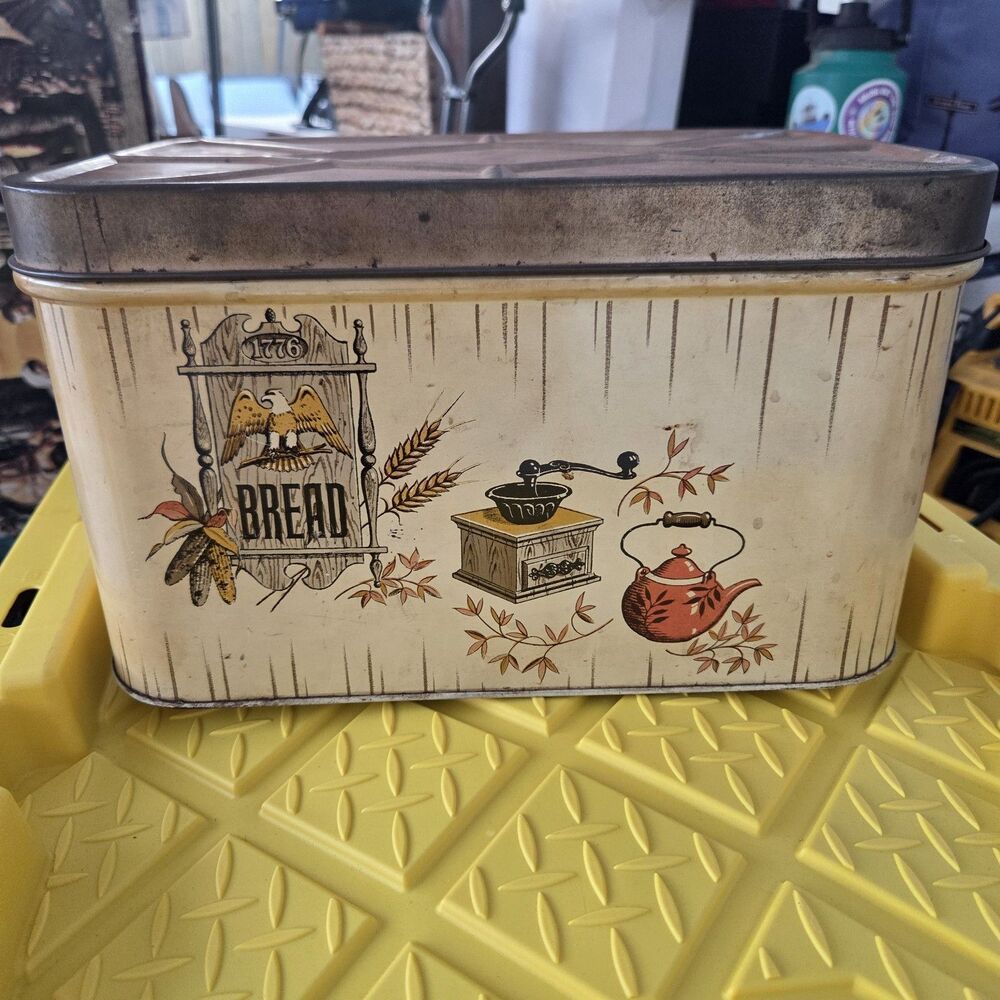 Vintage Metal Bread Box Tin 1776 Eagle Coffee Grinder Teapot Kitchen Decor